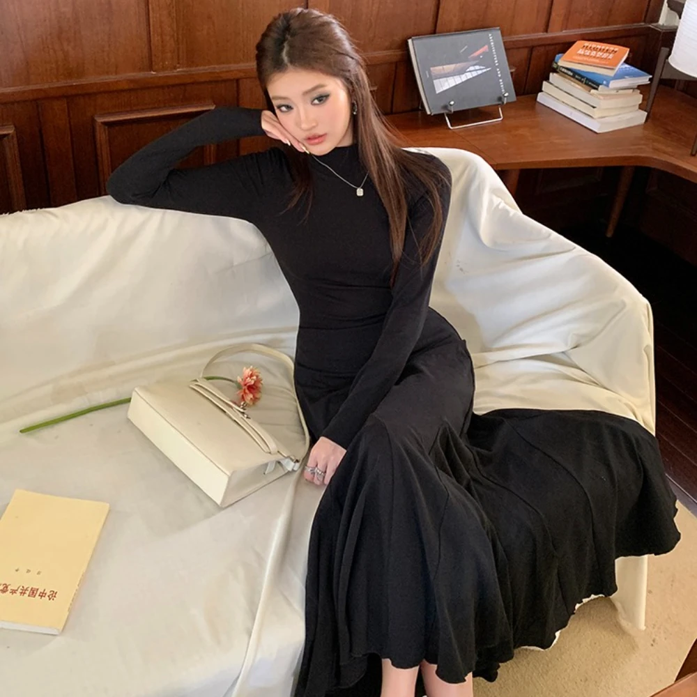 2025 outono novo coreano high street meia alta pescoço vestido feminino cabido interior usar camada base a linha sereia vestido longo senhora do escritório