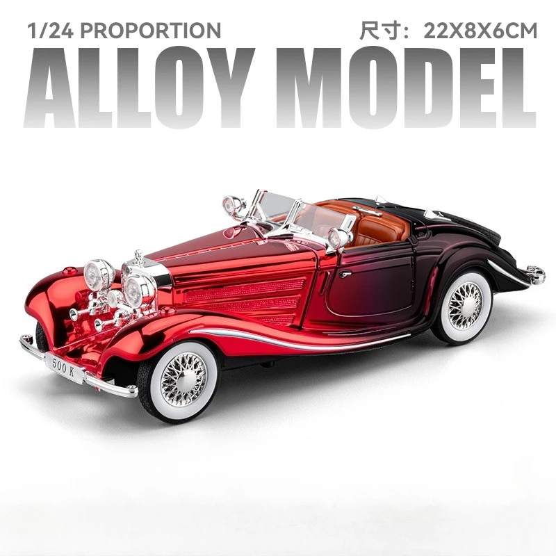 1:24 500K Klasyczny samochód, metalowy model odlewany z aluminium, dźwięk i światło, kolekcja na biurko, ozdoba, prezent dla chłopca