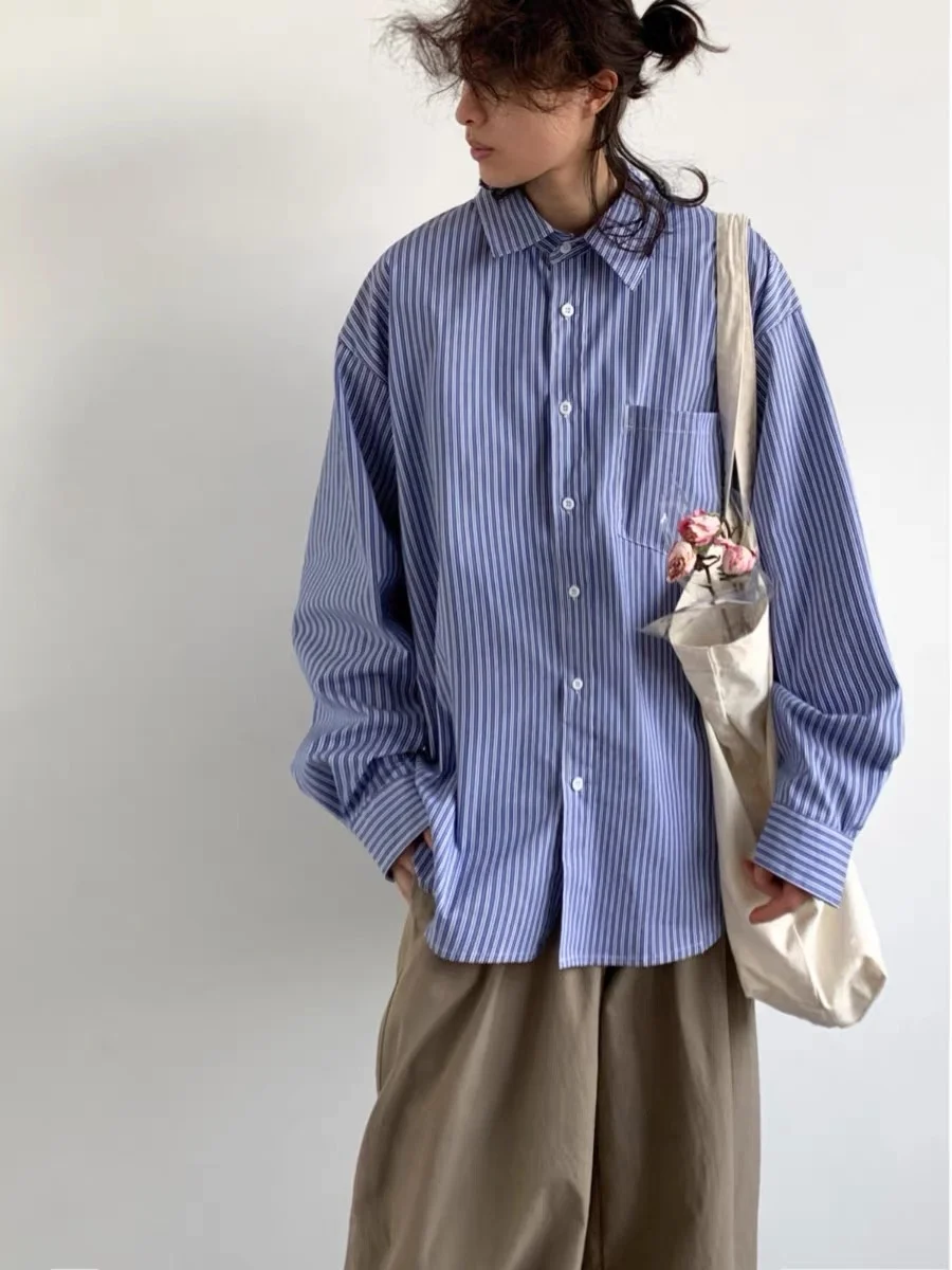 

American Retro Striped Casual Loose Long Sve Men's irt Leisure Lazy Sle Versatile Polyester Fiber Stand Fit Co...