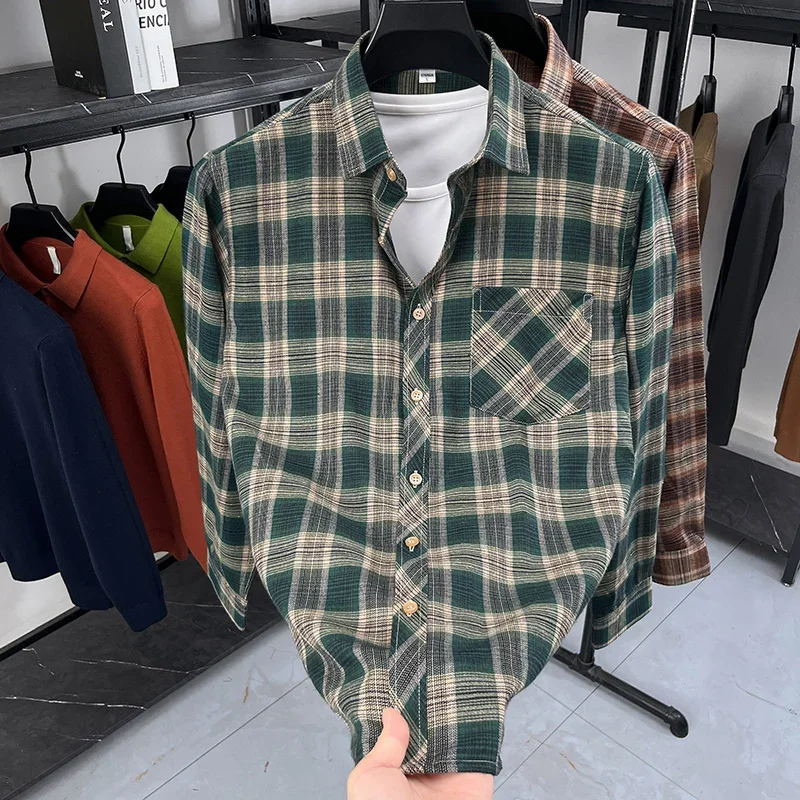 قميص رجالي جديد لخريف 2025 مخطط ومطبوع بأكمام طويلة قميص رجالي غير رسمي متعدد الاستخدامات