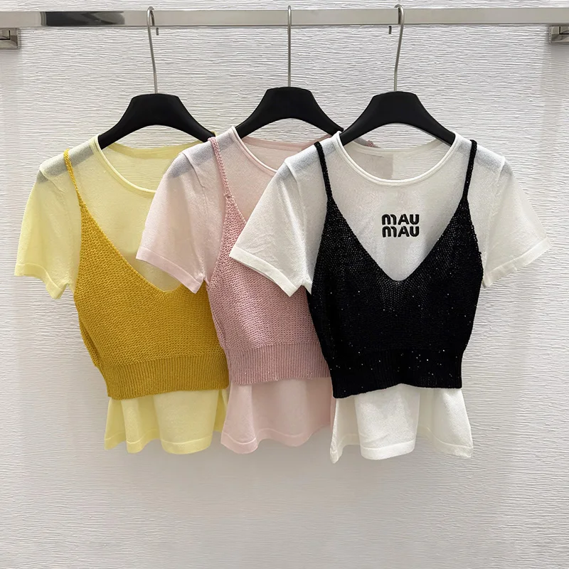 

Высококачественный повседневный вязаный жилет, топ для девочек, молодежный вязаный свитер на бретельках, искусственная верхняя часть тела из двух частей