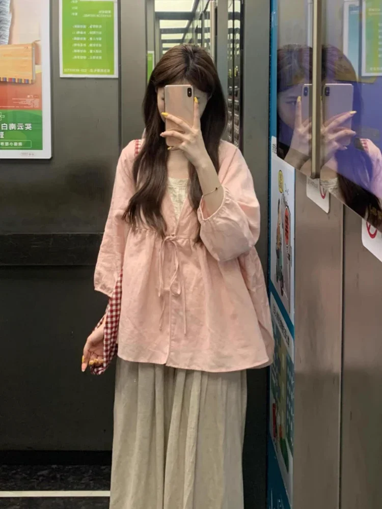 

2025 Summer Women Pink Blouse Sweet Y2k Aesthetic Bandage Oversized Tops Harajuku Grunge Pleated Fairy Blouses
