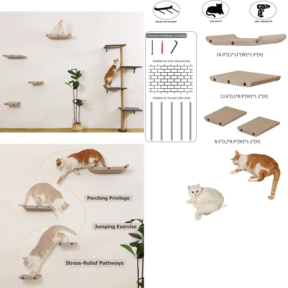 

Indoor Cat Wall Shelves and Perches, Scratcher Beds, Felt Climbing Wall Set, Modern Jungle Gym for Lounging and Sleep (Set of 4,