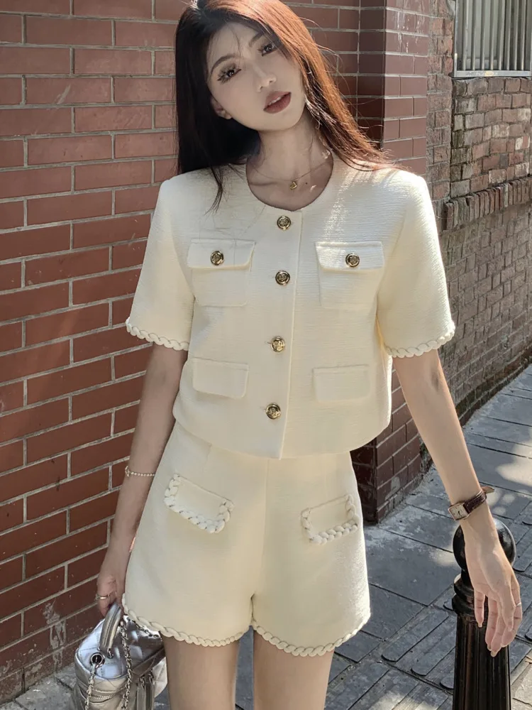 High Street French Elegant Fashion Small Fragrance Two Piece Set Women Short Jacket Coat + Short Sets Summer 2-częściowe zestawy spodni