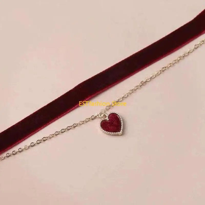 

Y5GC Fashion Love Heart Pendant Choker Clavicle Chain Double Layer Necklace for Club