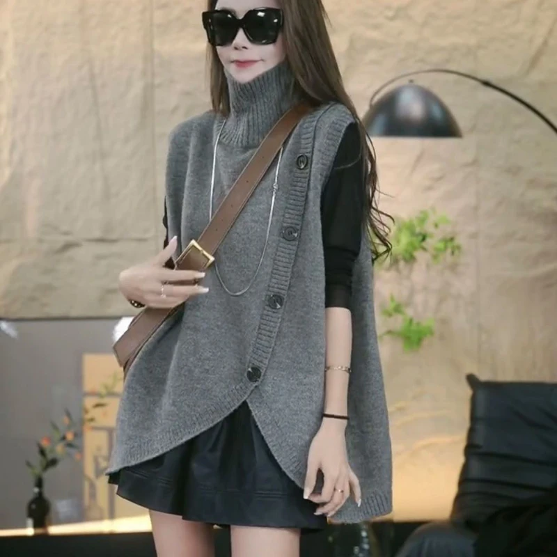 Autumn and Winter New Irregular Button Knitted Fashion Solid Color Sweater European High Collar Sleeveless Vest Coat Trendy