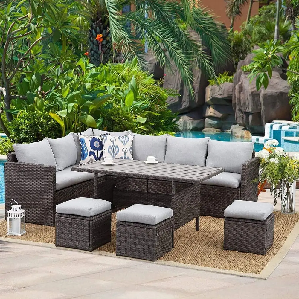 

7-Piece Light Grey Wicker Outdoor Patio Sectional Set with Ottoman and Wide Armrests