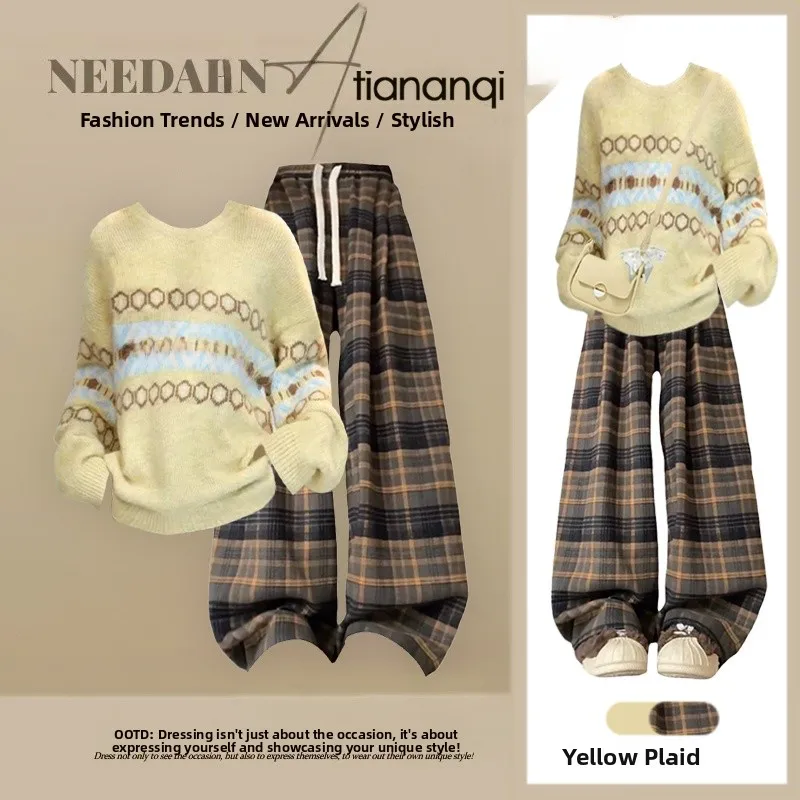 

Весенний женский вязаный комплект 2026: желтый свитер и брюки в клетку с высокой талией, модный повседневный костюм-двойка, элегантная верхняя одежда для ленивых образов