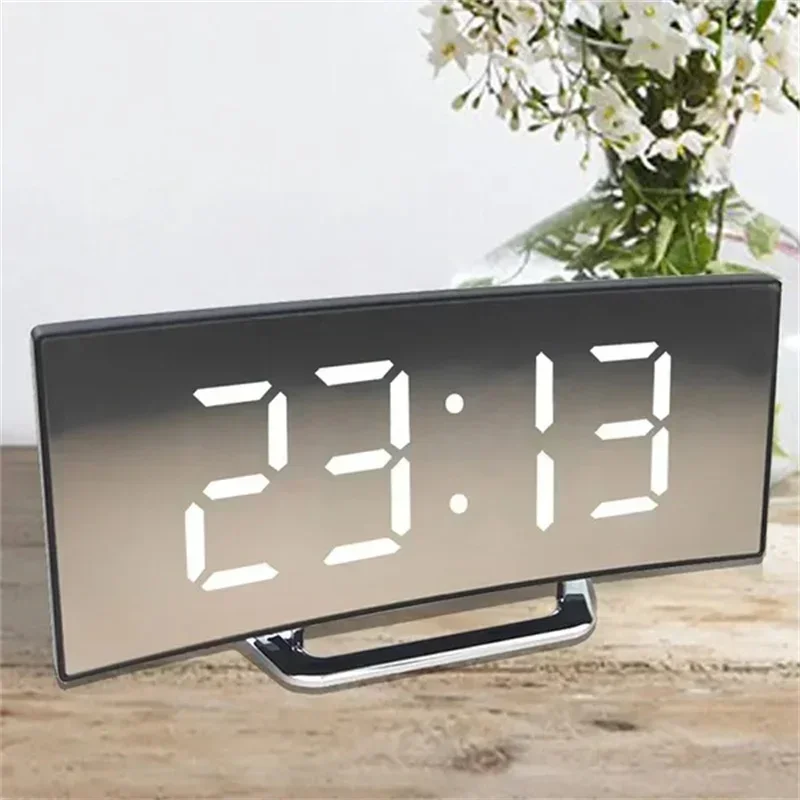 

Digital Curved Clock Screen Mirror Bedroom Display Alarm Large Decor Function Electronic Table LED Snooze Desktop