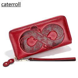 Vintage Genuine Leather Woman Wallet 2026 New Floral Real Cow Leather Purse Ladies First Layer Cowhide Clutch Bag