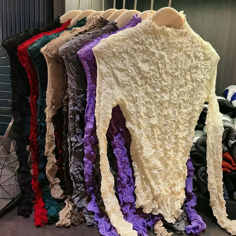 

Miyake Design плиссированная футболка с воротником-стойкой и длинными рукавами, женская новая универсальная однотонная тонкая блузка, солнцезащитная одежда