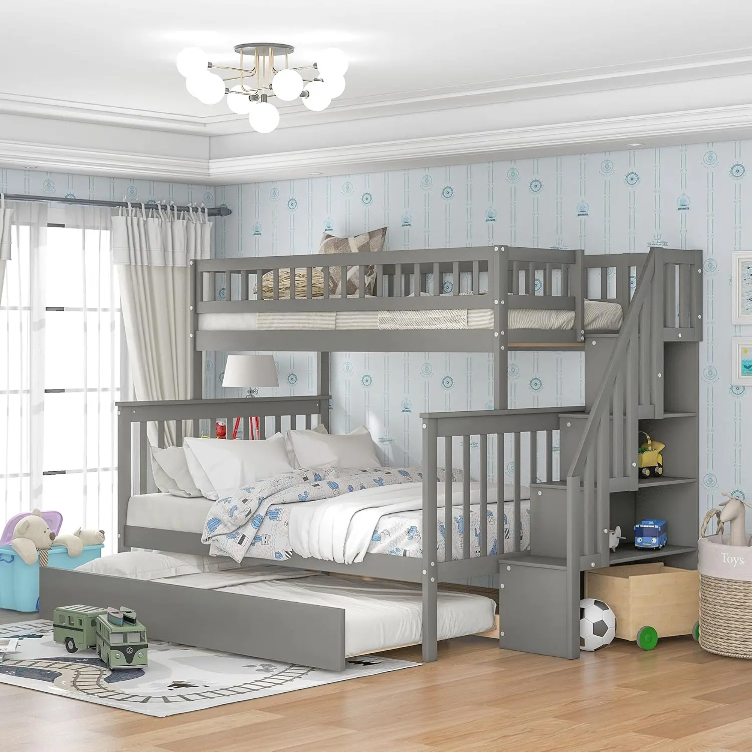 

& Bright Designs Twin Over Full Bunk Beds with Trundle, Bunk Beds with Stairs and Storage Shelf,Wood Bunk Beds with Full-