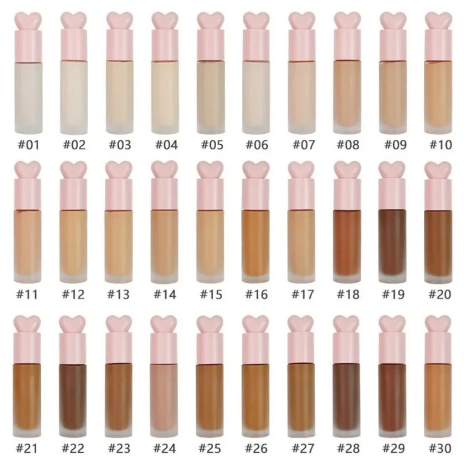 Fond de teint liquide en forme de cœur rose végétalien, Logo personnalisé de marque privée, correcteur hydratant, conception de presse, primaire de maquillage en gros, 30ml