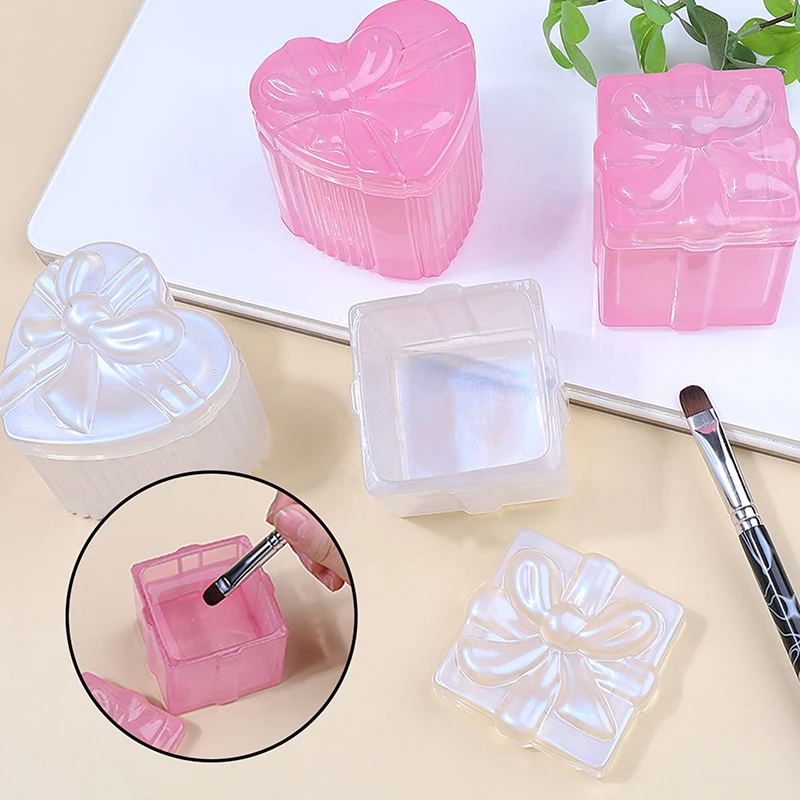 1pc Nail Cup Square Bow Crystal Cup Acrylic Liquid Bowl Holder Wash Nail Pen Dish Dappen With Lid Luxury Manicure Tool