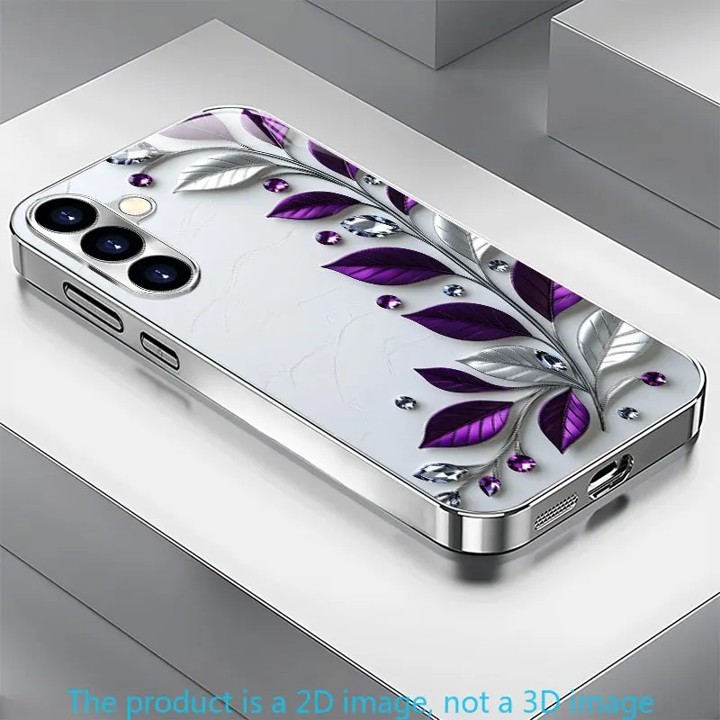 Purple Silver Leave Design Phone Case for Samsung Galaxy S26 S25 S24 S23 S22 S21FE Ultra Plus Electroplated Glass Hard TPU Shell
