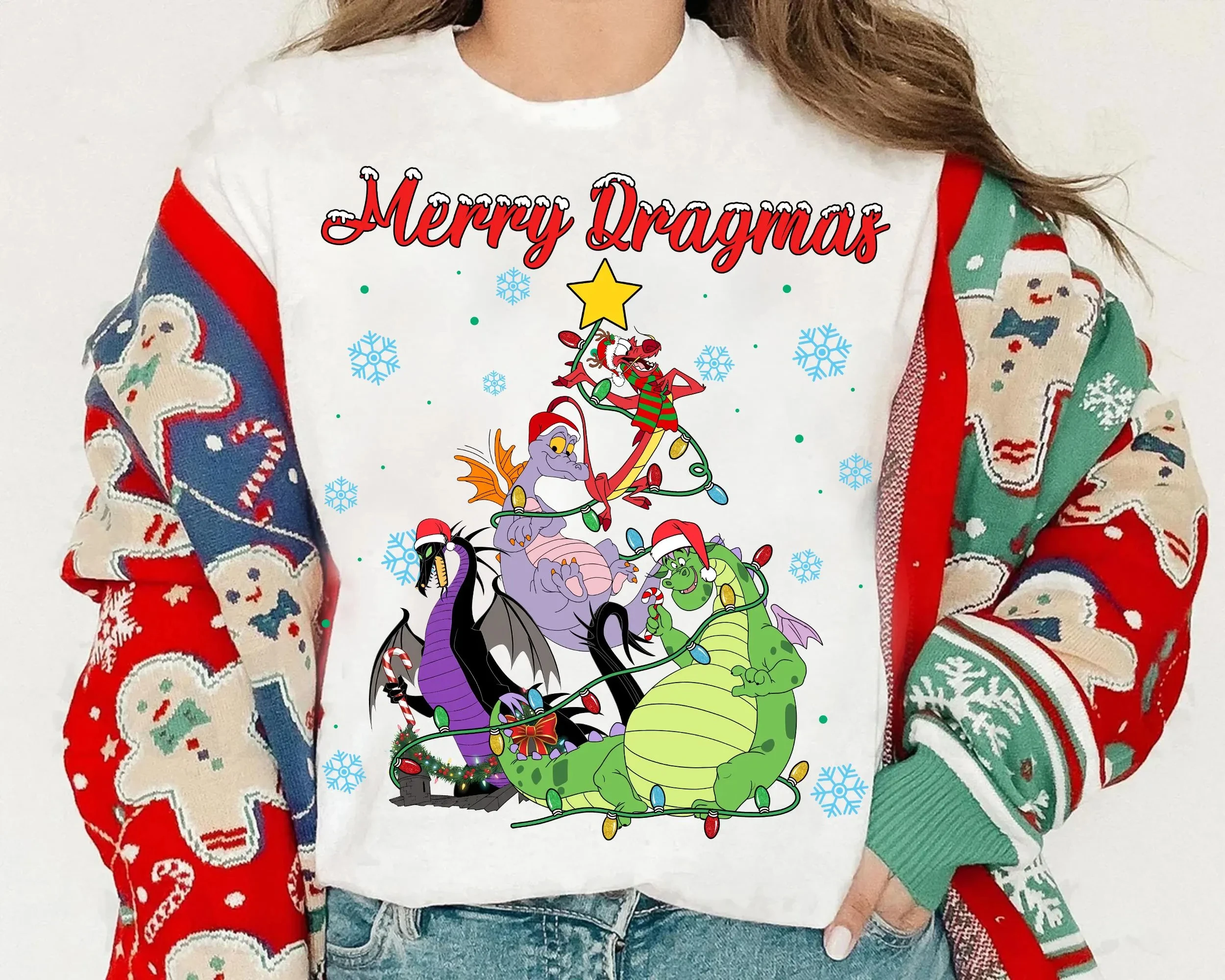 디즈니에서 메리 크리스마스! 크리스마스 라이트 트리 셔츠, 드래곤 크리스마스 트리, 포켓몬 드래곤 엘리엇, 크리스마스 산타클로스