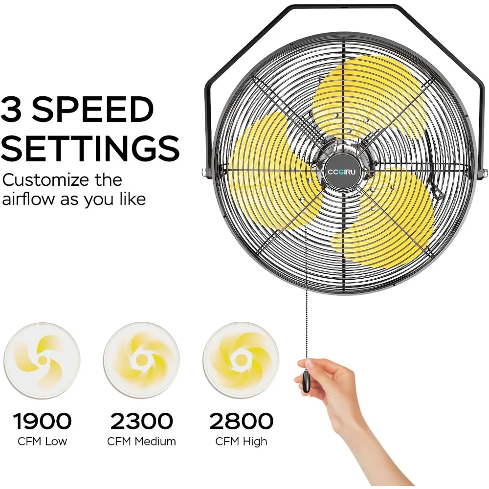 2800 CFM 12" Industrial Wall Mount Fan, High Velocity 3-Speed Professional Metal Wall Mounted Fan with Sealed Motor