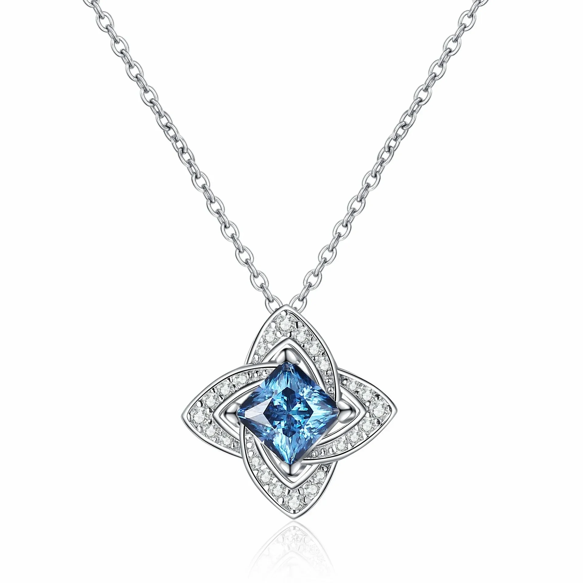 

18K gold plated PT950 platinum pendant sapphire 1carat blue moissanite necklace four-leaf square clavicle chain light luxury