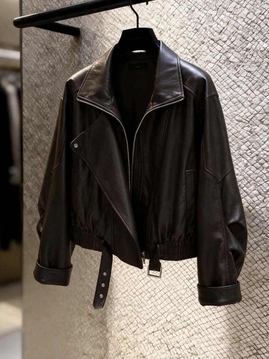 Cool Short PU Leather Jacket Women's Zipper Motorcycle Clothes Street Style Warmth Straight Tube Type Long Sleeve Pure Color