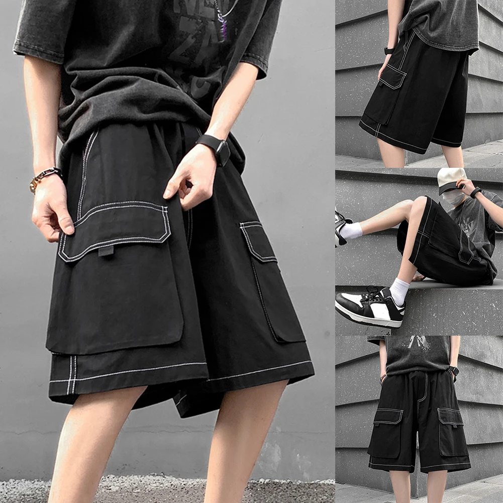 Shorts Men Pants Vacation Daily Holiday Non Stretch Polyester High Waist Knee-Length Straight Summer Big Pocket