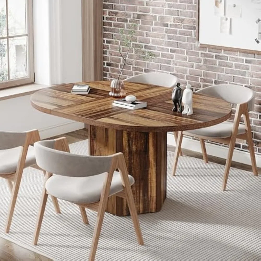 55.12 Inches Oval Conference Table, Rustic Wood Conference Meeting Room Table for 4-6 People, Small Seminar Table with Polygon