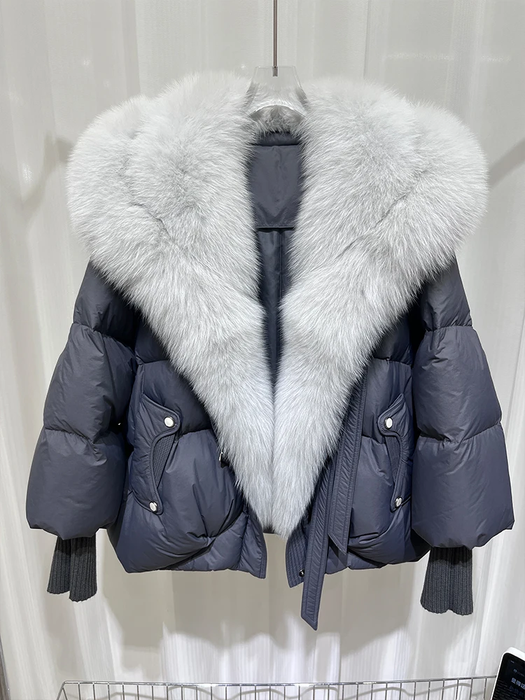 Nova moda inverno natural gola de pele de raposa casacos mulheres ganso para baixo jaqueta puffer jaquetas estilo feminino casacos de luxo frete grátis