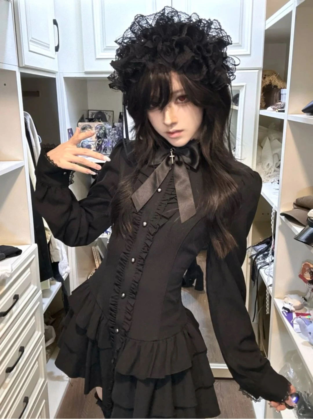 Gothic Lolita Dress Long Sleeve Bow Tiered Mini Dress American 2000s Vintage Goth Punk Style Women Casual Streetwear 2026 Autumn