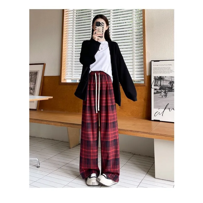 レトロな格子柄の女性用秋物ハイウエストルーズスリムストレートリラックスカジュアルワイドレッグパンツ