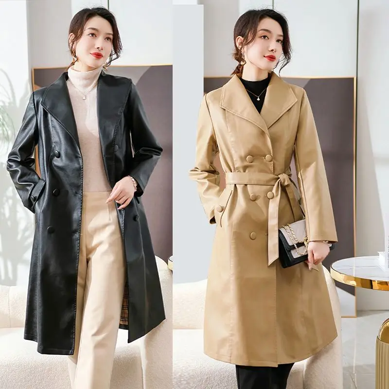 2023 New High-end Long Windbreaker Leather Jacket Autumn Winter Sassy Fashion Casual Suit Collar Comfortable Leather Trench Coat