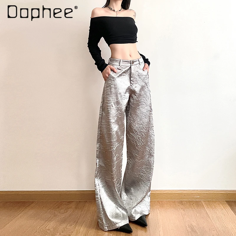 Casual Thickened Pleated Silver Pants 2023 Winter New Harajuku Women's Loose High Waisted Slimming Wide Leg Cargo Trousers Mujer