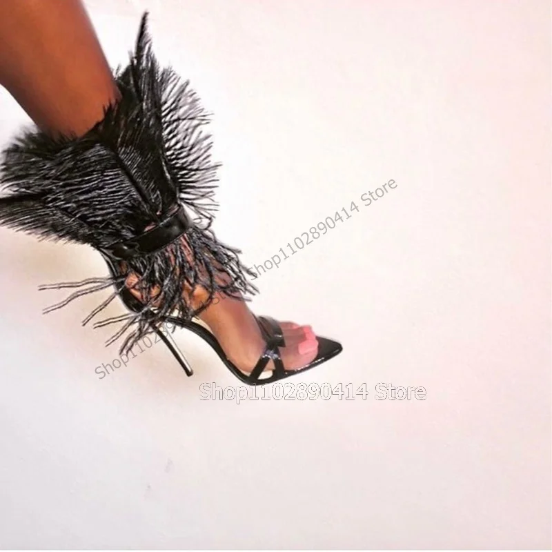 Orange Feather Decor Flip Flop Sandals Back Zipper Women Shoes Thin High Heels Novel Sexy Party Runway 2023 Zapatos Para Mujere