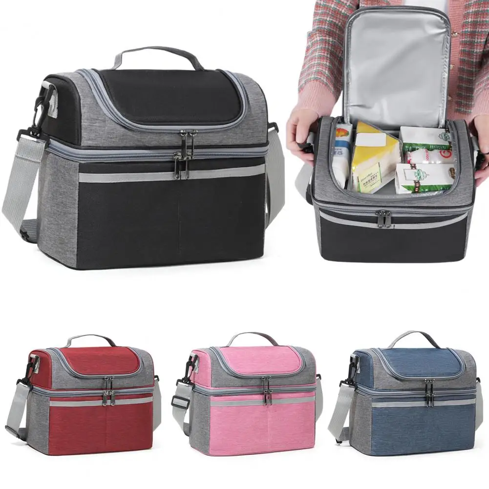 Bolsa de almuerzo aislada, bolsa refrigeradora de almuerzo de doble cubierta, portador de comida a prueba de fugas, fiambrera expandible, bolsa refrigeradora reutilizable con bolsillo