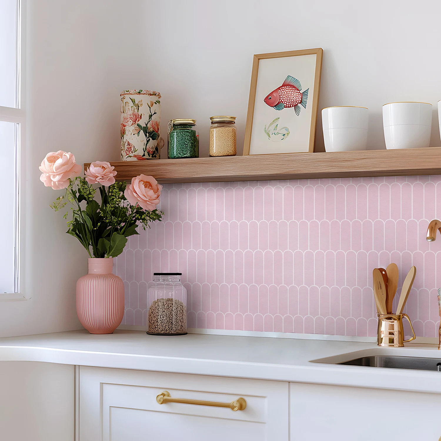 10Pcs  Peel and Stick Tile Transfer Stickers, Waterproof Pink Floral Tile Decals, Self-Adhesive Vinyl Backsplash Stick on