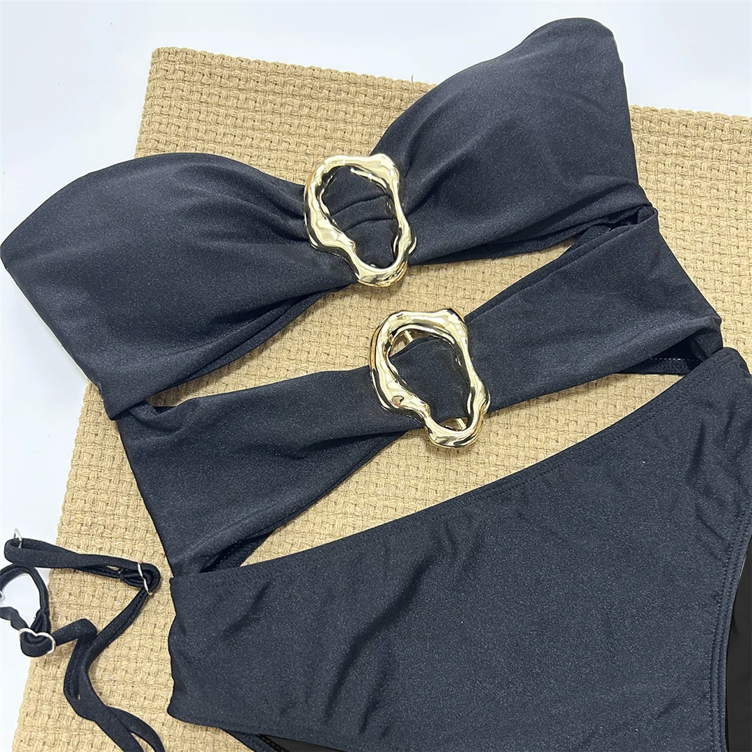 3 Farben, sexy Metallringe, ausgeschnittener Damen-Badeanzug, einteiliger Badeanzug, Damen-Bandeau, hoher Beinausschnitt, Badebekleidung, Badeanzug, Modell V5931. – Detail 17