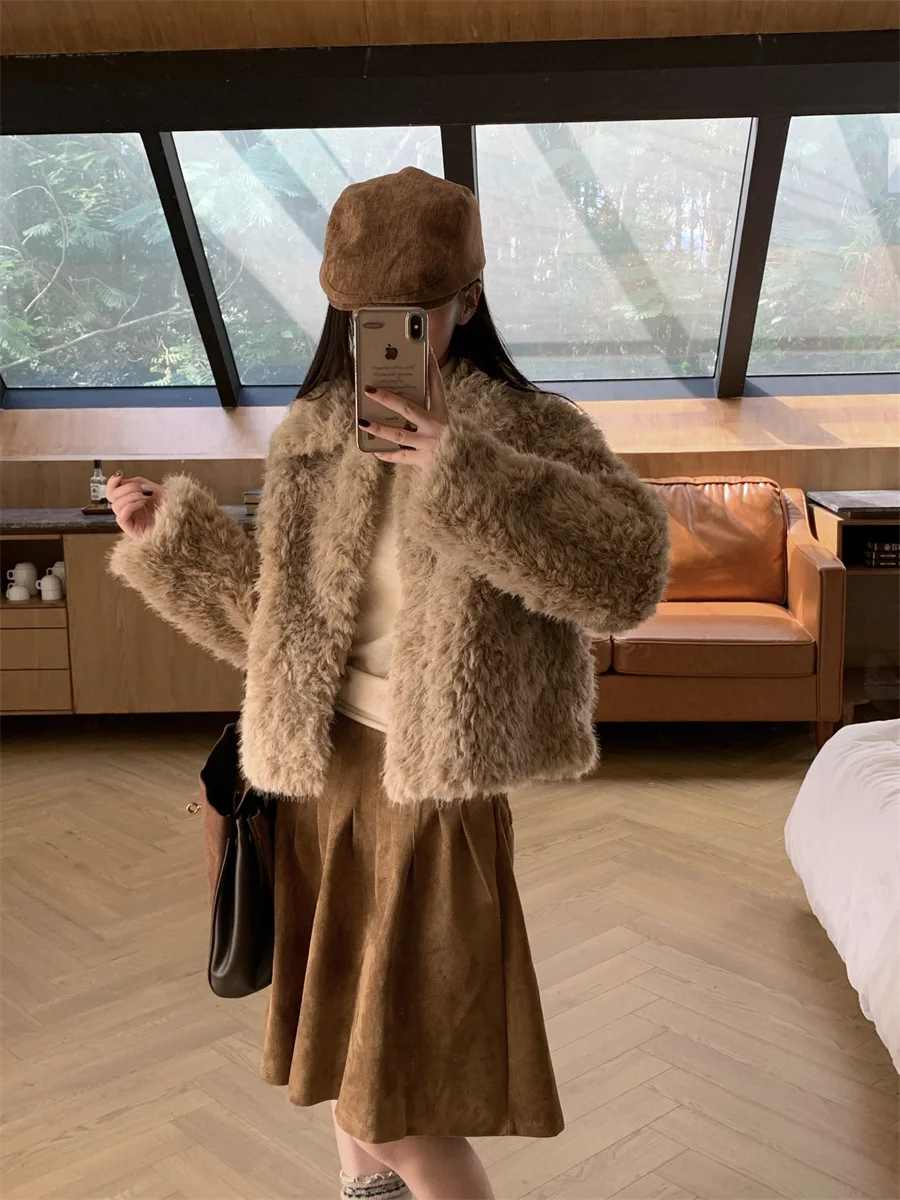 Faux Fur Neck Coats Womens Spring Pattern Cute Tender Trendy Lambswool Adjustable Bodywarmer Elegant Street-Style Stylish Bolero