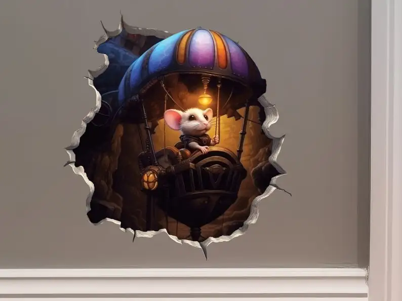 Steampunk Mouse in Flying Machine Mouse Hole Decal - Mouse Hole 3D Wall Sticker