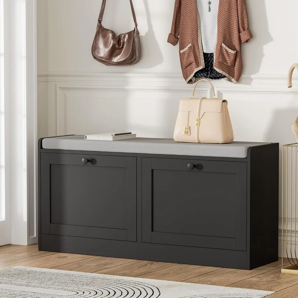 

Black Modern Entryway Bench with 2 Flip Drawers, Shoe Bench with Padded Seat Cushion, Wooden Storage Bench for Hallway and