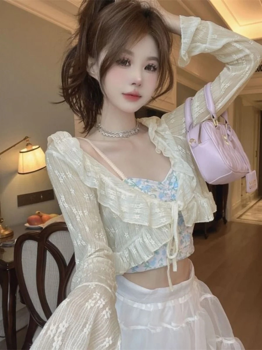 

Fashionable Short Lace Hollow out Sun Protection Cardigan Women's Thin Summer Strap Dress Outer Covering Gown Korean Style Lo...