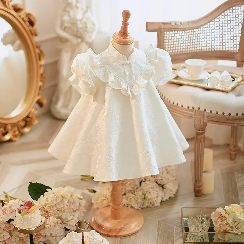 Girls Chinese Style 1st Birthday Baptism Party Dress Children National Cheongsam Short Puff Sleeve Dresses 2023 New Summer y990