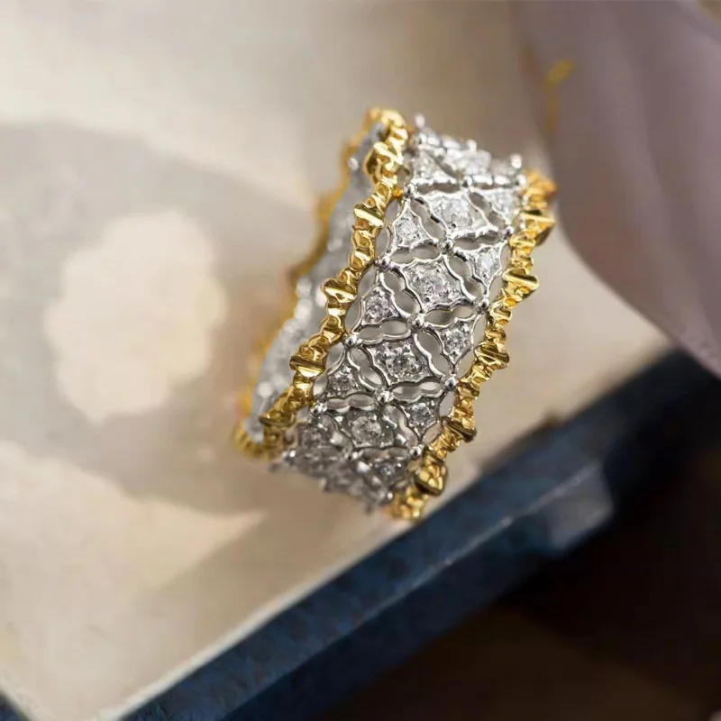 Huitan Aesthetic Tow Tone Rings for Women Fashion Geometric Hollowed-out Metal Female Accessories Simple Stylish Charms Jewelry