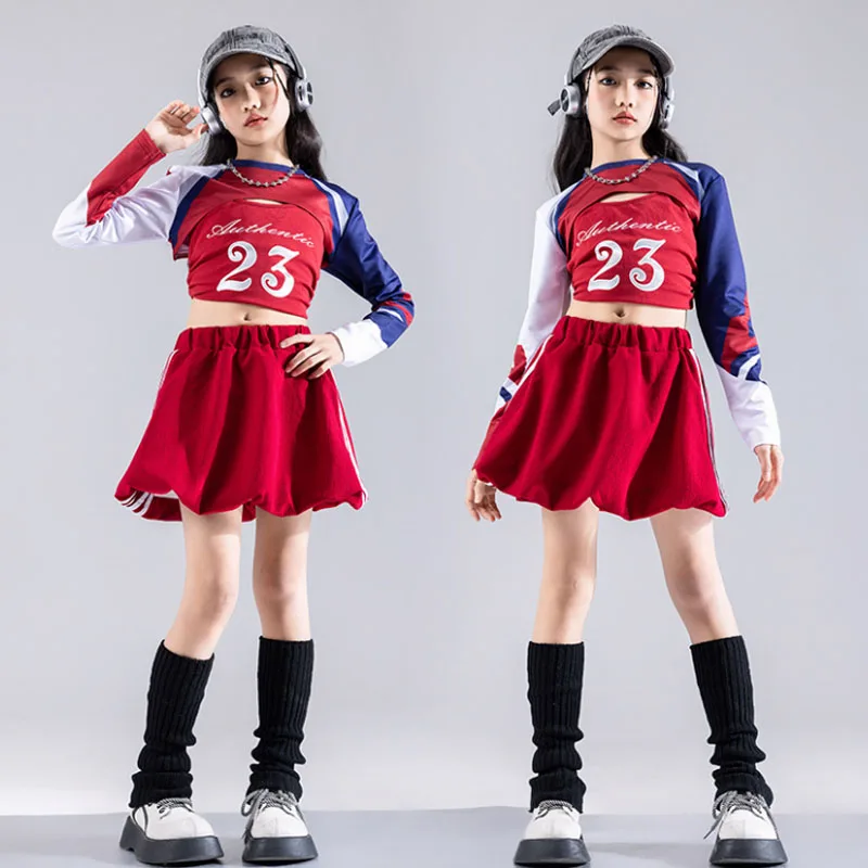 

Детская милая одежда в стиле хип-хоп, укороченная футболка с красным принтом и рукавами, многослойная плиссированная мини-юбка для девочек, костюм для джазовых танцев, уличная одежда