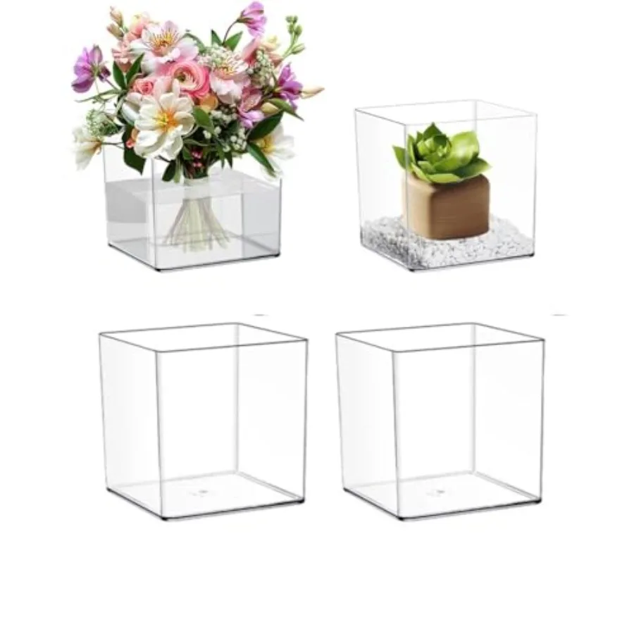 

4 Pack Clear Acrylic Square Vases Shatterproof Modern Cube 5.91 Inch Flower Plant Pots for Wedding Centerpieces Christmas Home
