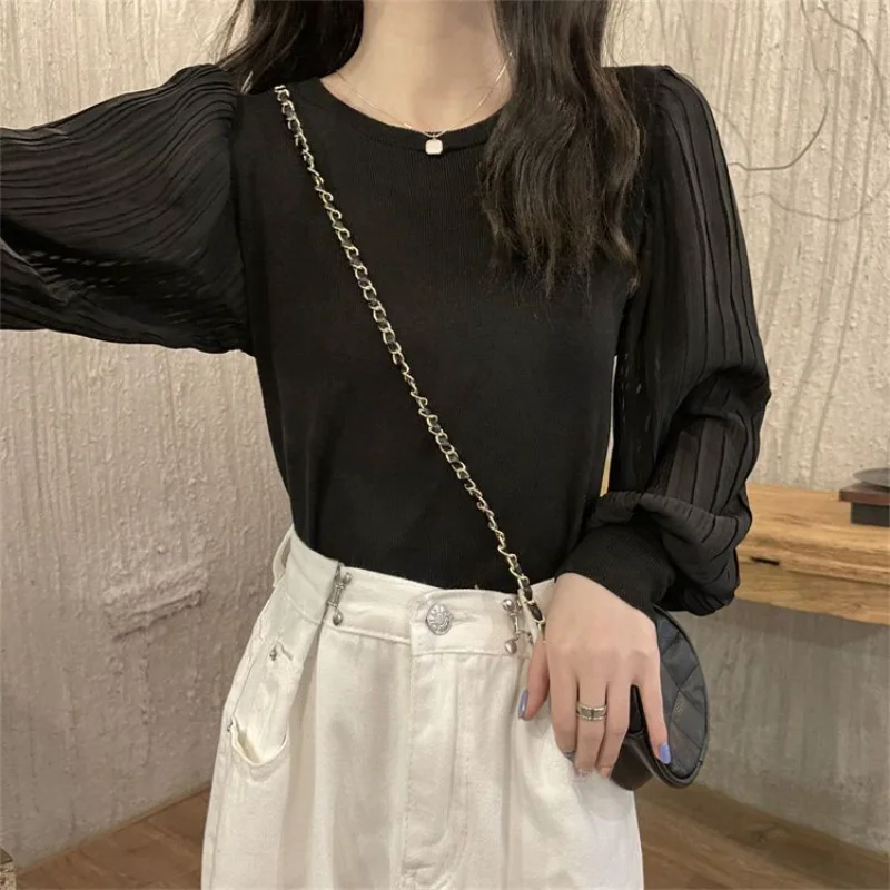 Suéter de malha de retalhos de manga comprida plissada Top base de cor sólida fina