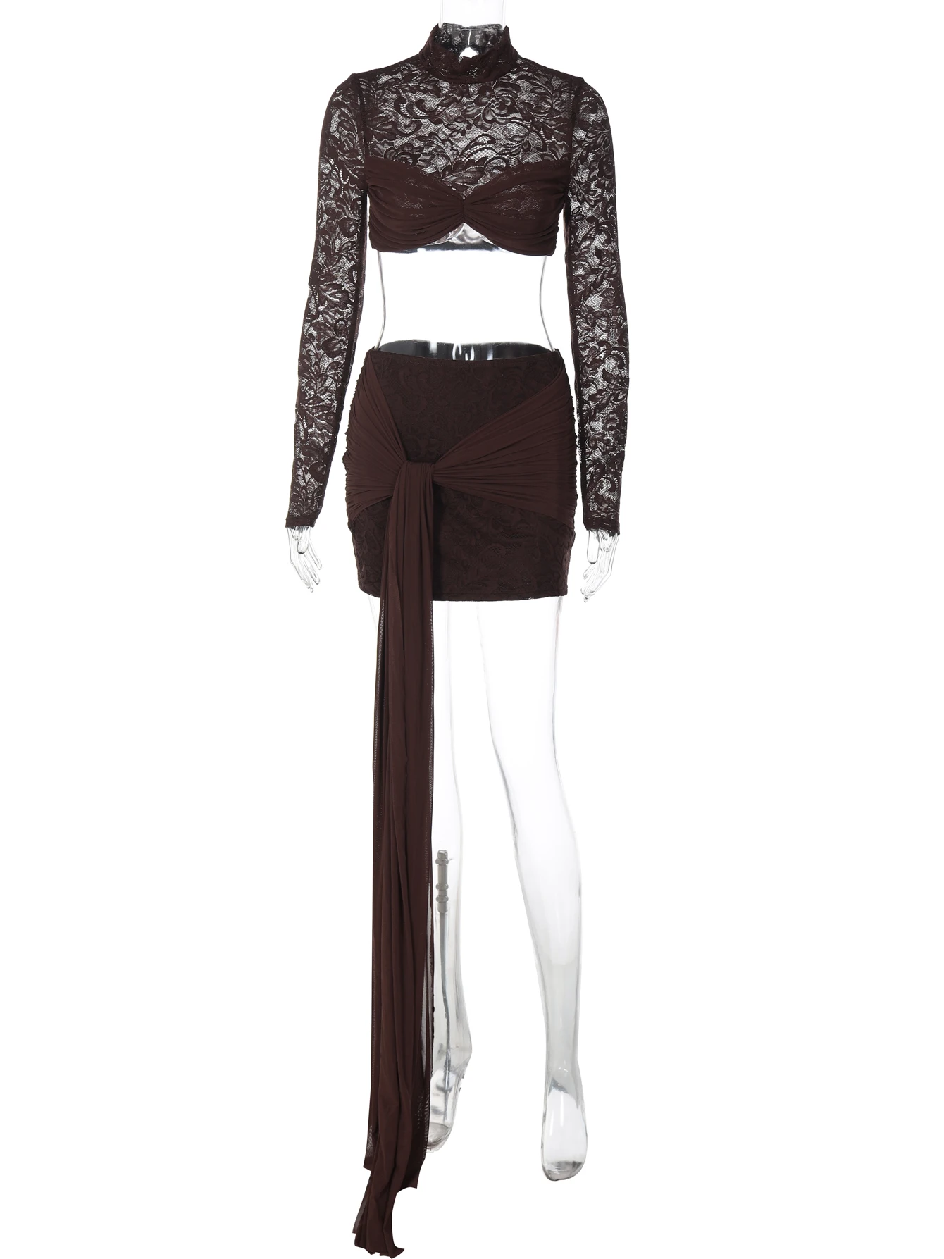 Dulzura Fashion Sexy Elegant 2 Piece Lace Short Skirt Set High Collar Long Sleeve See Through T-Shirt Ribbon Skirt Matching Set image 6