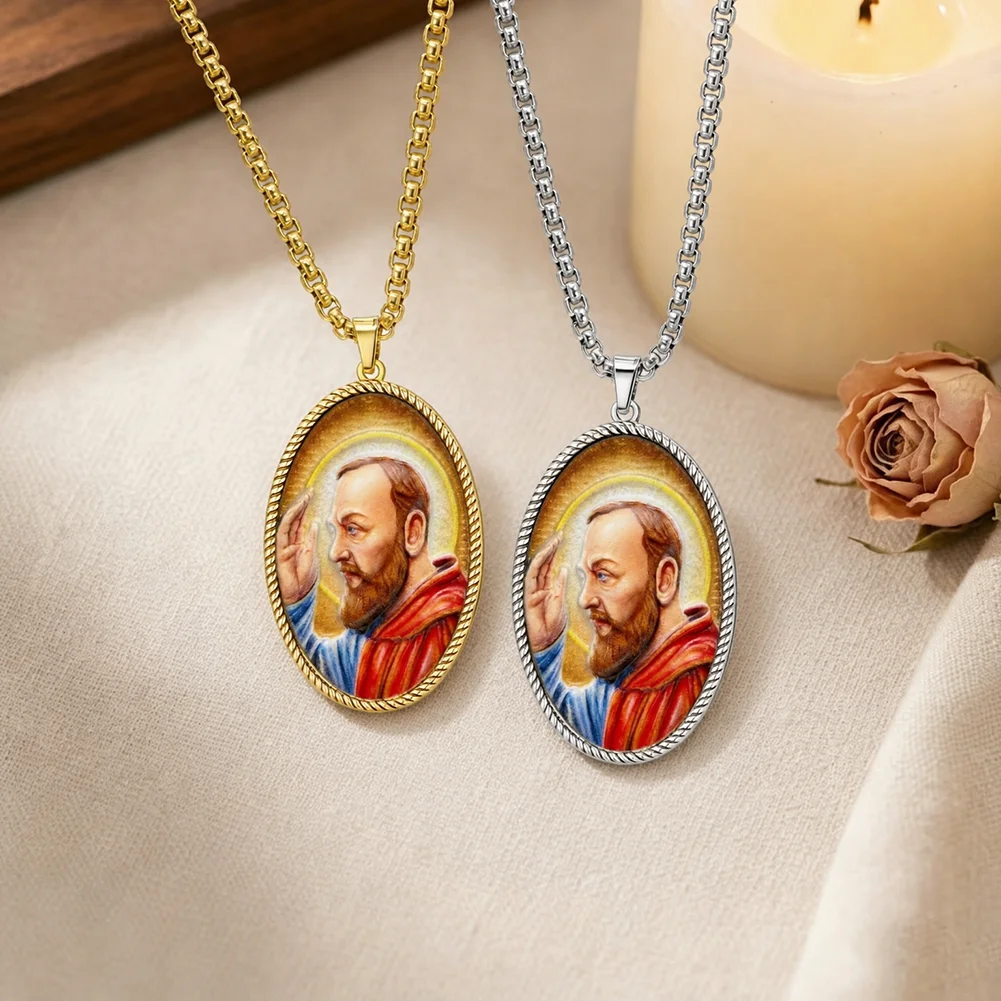 Saint Padre Pio Oval Medal Pendant Necklace Color Enamel Picture Catholic Saint Amulet Faith Protection Religious Jewelry Gifts