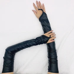 Women Patent Leather Hook Finger Long Fingerless Gloves Solid Retro Style Stage Performance Cosplay Tight Fashion Personality