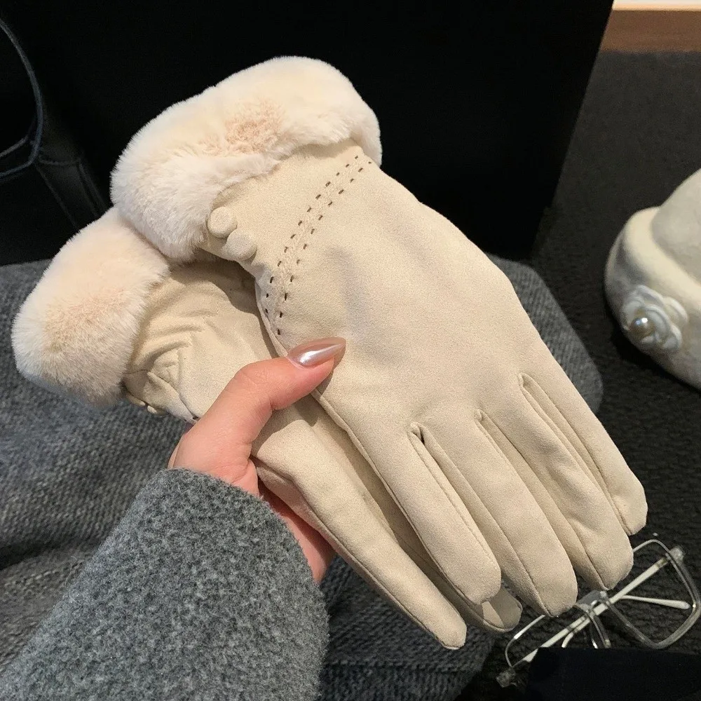 Faux Fur Trim Suede Winter Touch Screen Gloves Cold Weather One Size Windproof Thick Gloves Retro Fleece Lined Gloves