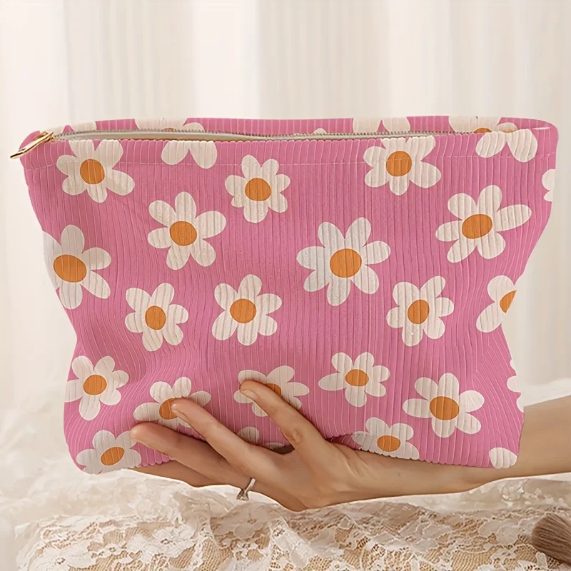 Pink Daisy Corduroy Cosmetic Bag Floral Print Zipper Makeup Pouch Large Capacity Travel Toiletry Storage Bag for Women