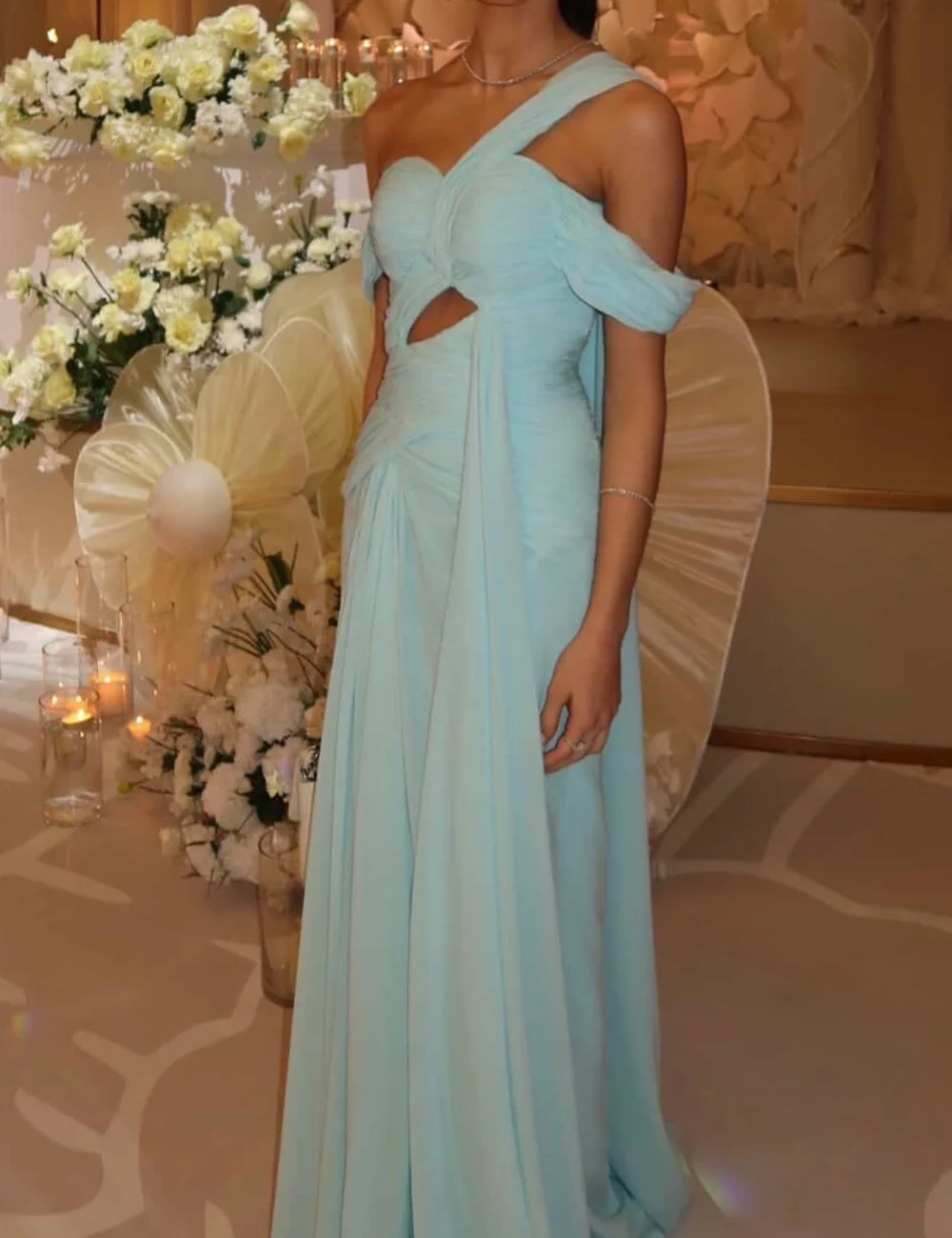 Customized Sizes Available Simple Chiffon Pleat Ruched Draped A-line Off-the-shoulder Long Dresses Evening Dresses