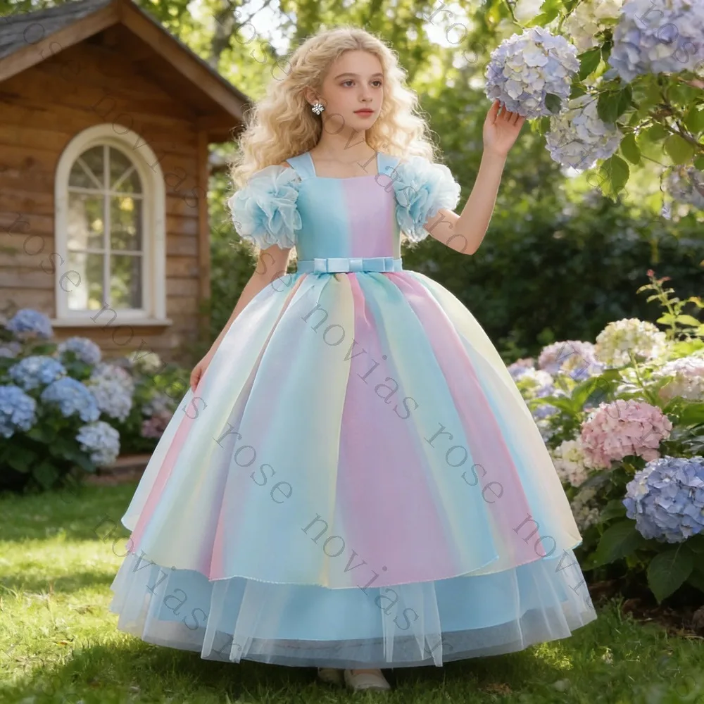 Customized Rainbow Tulle Puff Sleeve Girls Dress 2026 Gradient Princess Gown for Wedding Baptism First Communion Party Costume